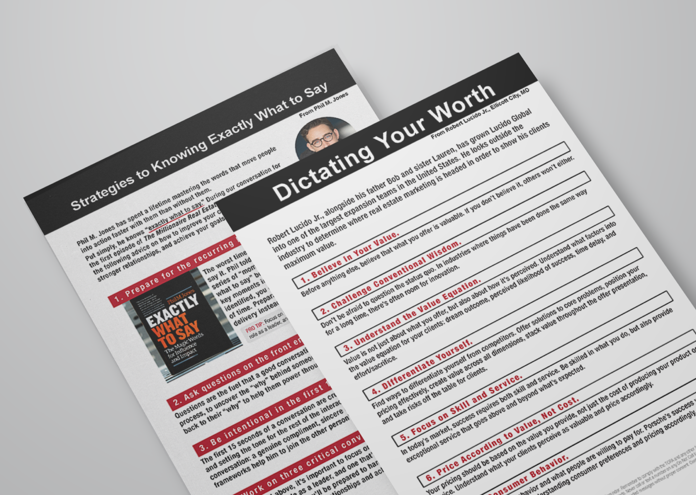 Sample of "Dictating Your Worth" and "Strategies to Knowing Exactly What to Say" one page plays.